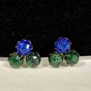 Vintage Blue And Green Earrings, Gold Tone Clip On Faceted Plastic Glitter Beads